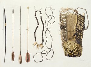Broń, narzędzia i biżuteria plemion Puri i Botocudos, regionu Rio Grande, Paragwaju i Brazylii, z „Le Costume Ancien et Moderne”, tom II, płyta 43, autorstwa Julesa Ferrario, wydana ok. 1820-30 (c.